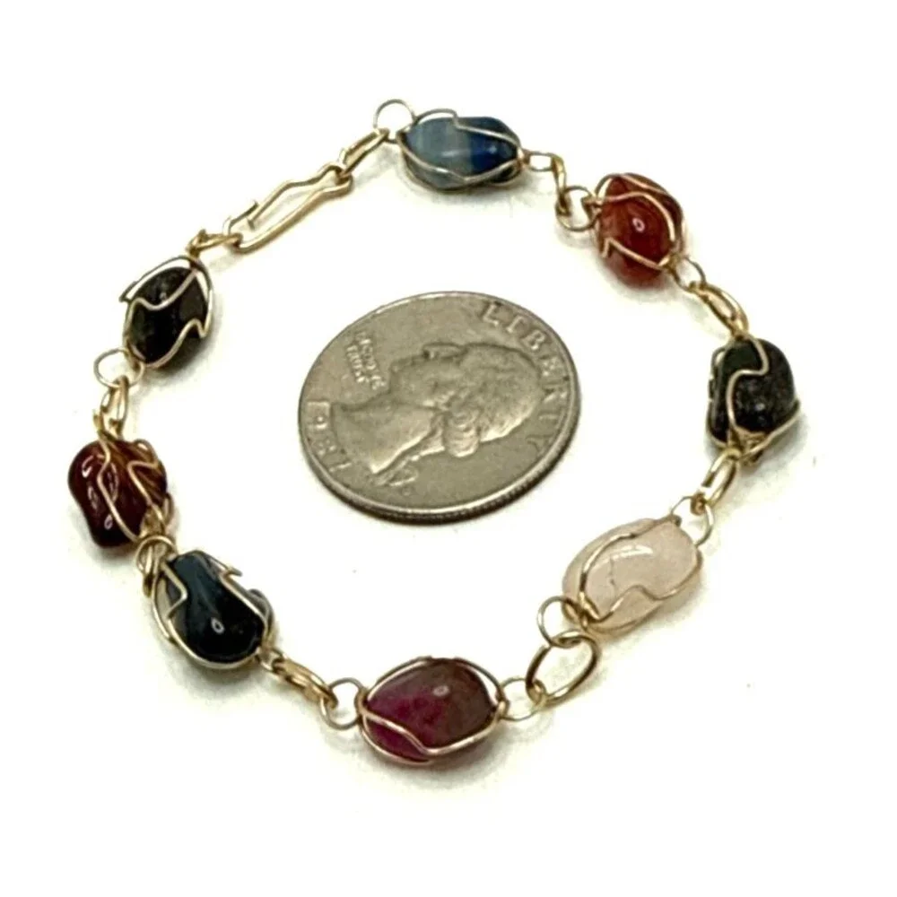 Vintage Wire Wrapped Natural Stone Bracelet Multicolor Cased Polished Boho 7.5